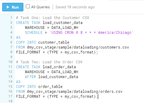 Screenshot of loading CSV to table
